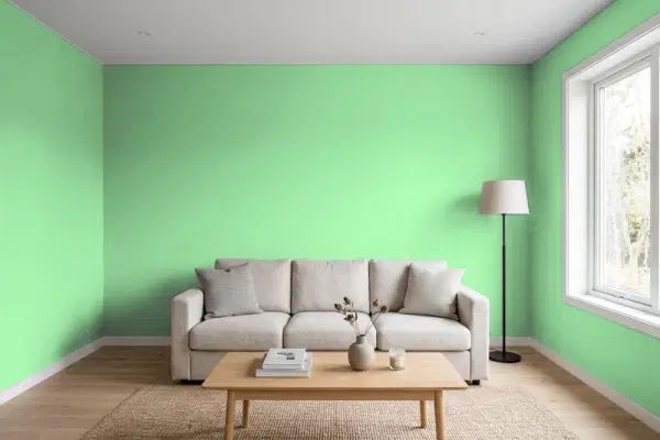 Living room with walls painted PPG Paints May Apple 1225-5 (simulated)
