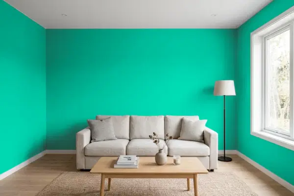 Living room with walls painted Benjamin Moore Mayan Green 615 (simulated)