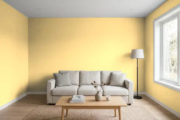 Living room with walls painted PPG Paints Maybe Maui 1210-4 (simulated)