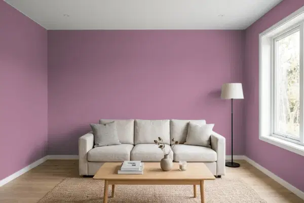 Living room with walls painted Behr Meadow Flower 690D-6 (simulated)