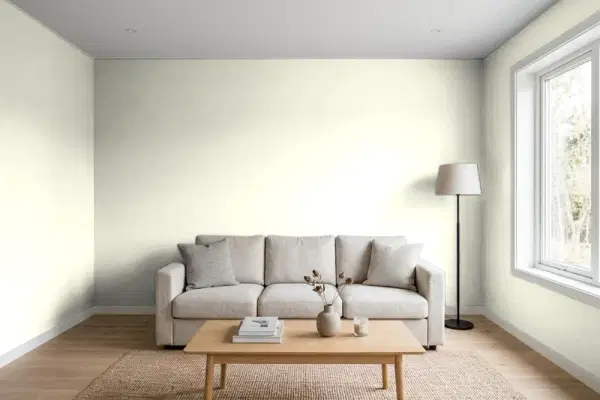 Living room with walls painted Benjamin Moore Meadow Mist OC-134 (simulated)