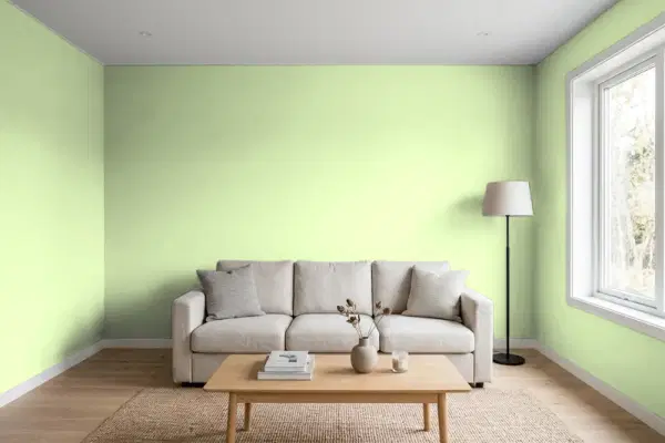 Living room with walls painted Valspar Meadow Wind 6005-7B (simulated)
