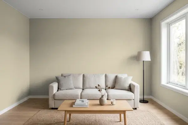 Living room with walls painted Sherwin-Williams Meander SW 9522 (simulated)