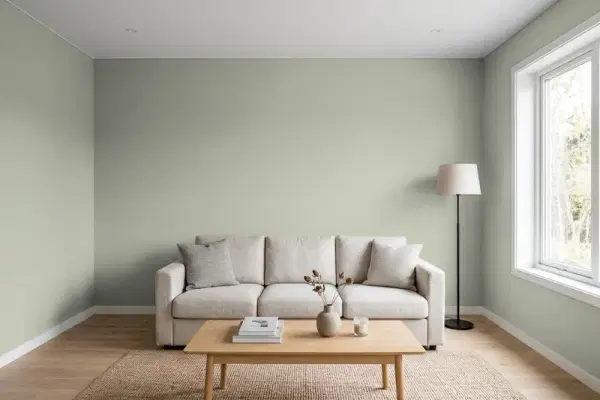 Living room with walls painted Behr Meditation ICC-67 (simulated)