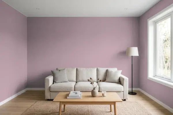 Living room with walls painted Valspar Mellow Mauve 1004-7C (simulated)