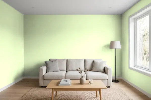 Living room with walls painted PPG Paints Mellow Mint 1221-3 (simulated)