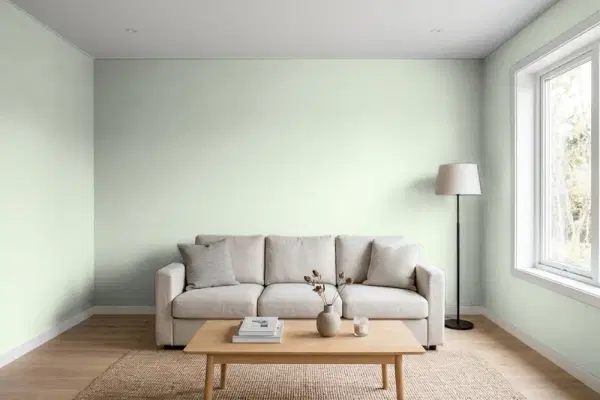 Living room with walls painted Valspar Mellow Spring 5007-3B (simulated)
