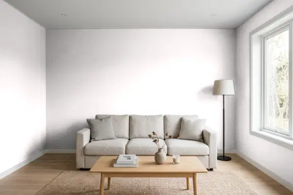 Living room with walls painted Behr Melodic White PR-W03 (simulated)