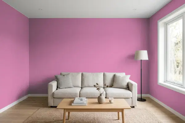 Living room with walls painted Benjamin Moore Melrose Pink 1363 (simulated)
