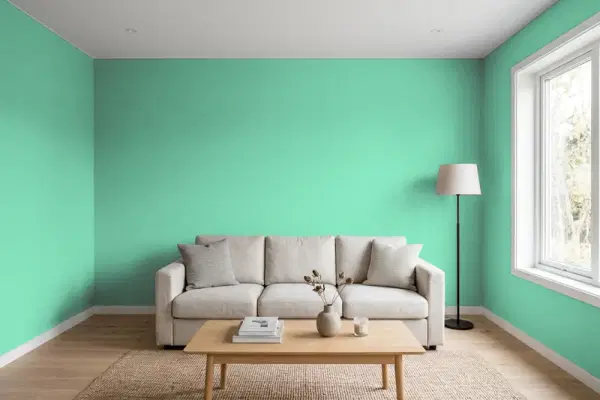 Living room with walls painted Behr Menthol P420-4 (simulated)