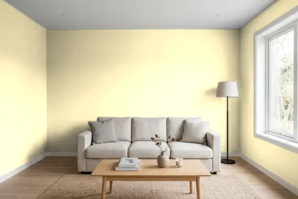 Living room with walls painted Behr Meringue P300-2 (simulated)