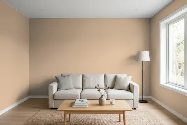 Living room with walls painted Behr Merino N260-4 (simulated)