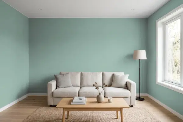 Living room with walls painted Behr Mermaid Net 480F-4 (simulated)