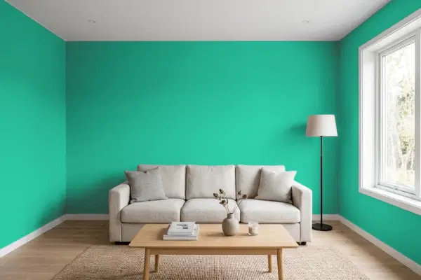 Living room with walls painted Behr Mermaid Song 480B-5 (simulated)