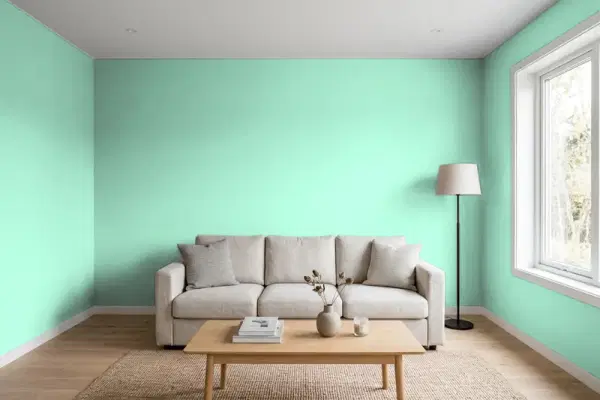 Living room with walls painted Benjamin Moore Mermaid's Tale 577 (simulated)