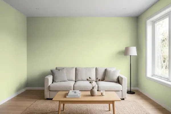 Living room with walls painted Benjamin Moore Mesquite 501 (simulated)