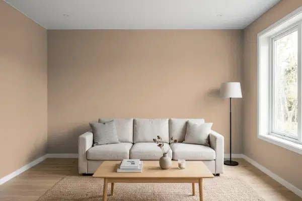 Living room with walls painted Sherwin-Williams Mexican Sand SW 7519 (simulated)