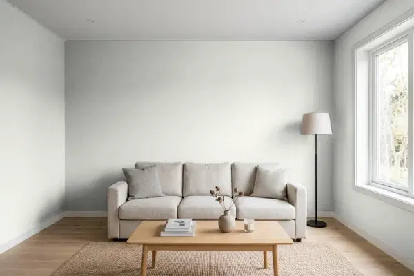Living room with walls painted Behr Mexican Silver QE-49 (simulated)