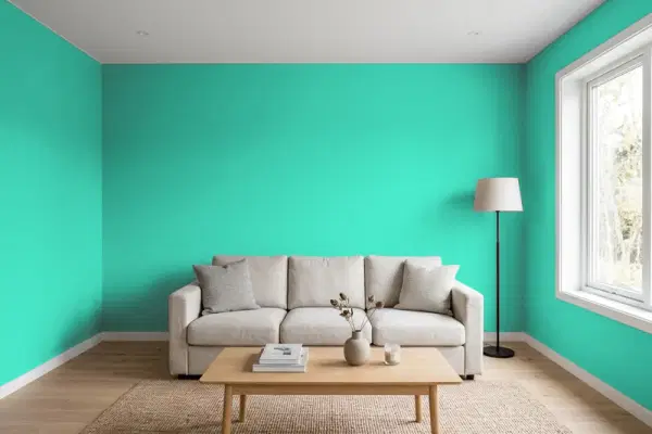 Living room with walls painted Benjamin Moore Miami Green 2042-40 (simulated)