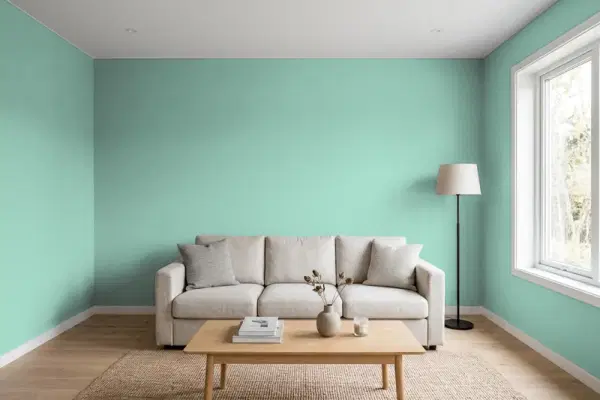 Living room with walls painted Behr Mild Evergreen MQ6-37 (simulated)