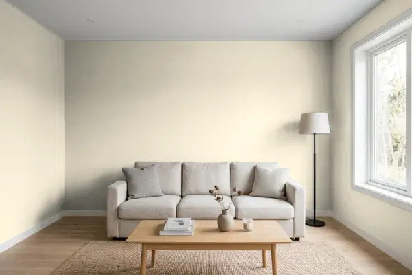 Living room with walls painted Valspar Milestone 6007-1B (simulated)