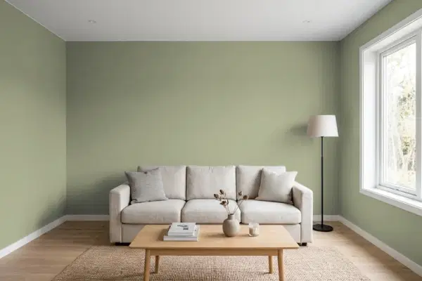 Living room with walls painted Behr Milkweed Pod S380-5 (simulated)