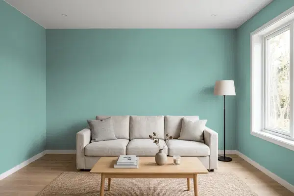 Living room with walls painted Benjamin Moore Mill Springs Blue HC-137 (simulated)