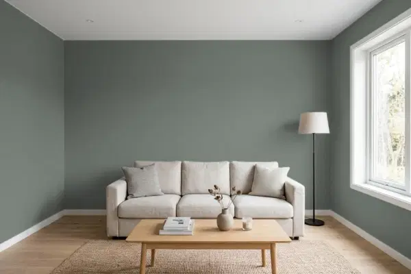 Living room with walls painted Benjamin Moore Millstone Gray 1581 (simulated)