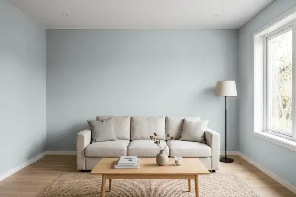 Living room with walls painted Sherwin-Williams Mineral SW 9637 (simulated)