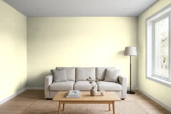 Living room with walls painted PPG Paints Minimal 1107-1 (simulated)