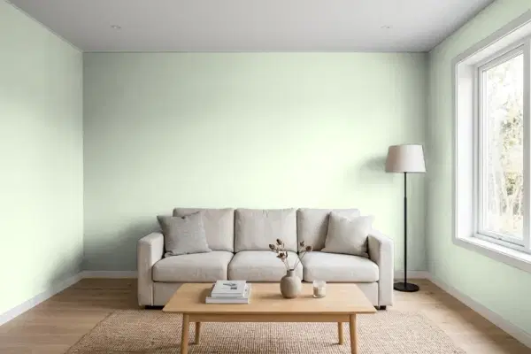 Living room with walls painted Benjamin Moore Mint Chocolate Chip 436 (simulated)