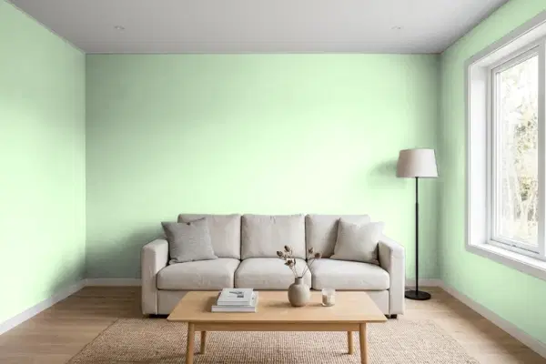 Living room with walls painted Behr Mint Frappe 440A-3 (simulated)
