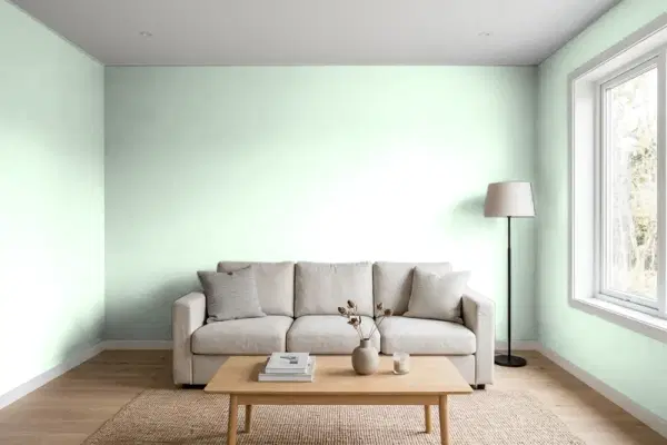 Living room with walls painted Valspar Mint Hint 6004-9A (simulated)