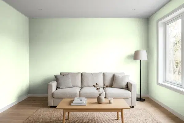 Living room with walls painted Valspar Mint Mist 6004-7A (simulated)