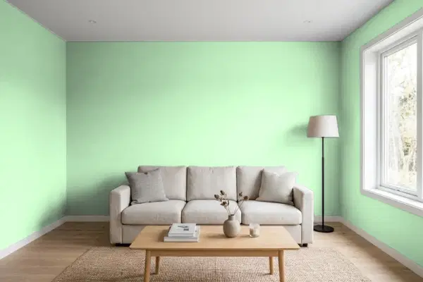 Living room with walls painted Behr Mint Parfait P390-3 (simulated)