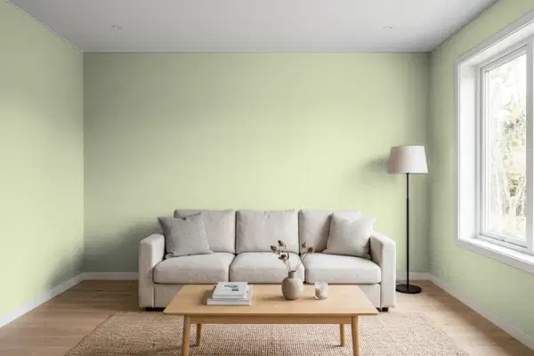 Living room with walls painted Behr Minted Lemon PPU10-08 (simulated)