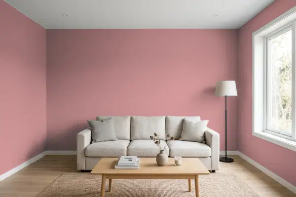 Living room with walls painted Behr Minuet Rose T14-15 (simulated)