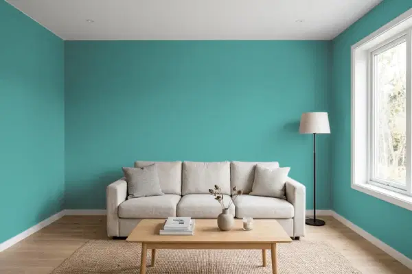 Living room with walls painted Behr Mirage Lake 500D-6 (simulated)