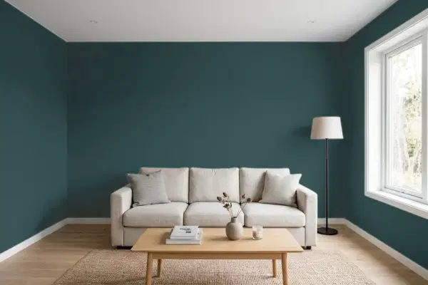 Living room with walls painted Benjamin Moore Miramichi CC-752 (simulated)