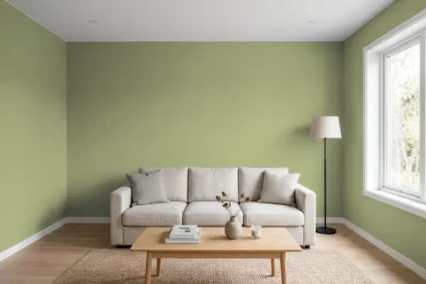 Living room with walls painted Benjamin Moore Misted Fern CC-668 (simulated)