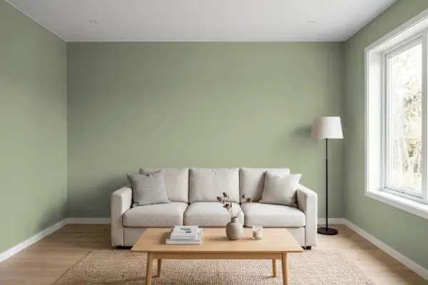 Living room with walls painted Benjamin Moore Mistletoe 474 (simulated)