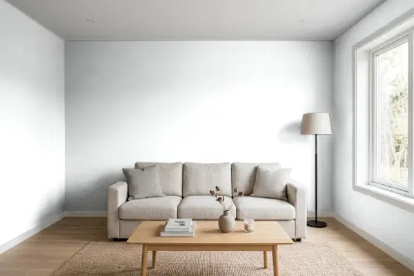 Living room with walls painted Benjamin Moore Misty Gray 2124-60 (simulated)