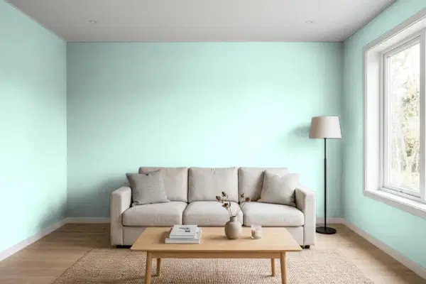 Living room with walls painted Behr Misty Isle MQ3-19 (simulated)
