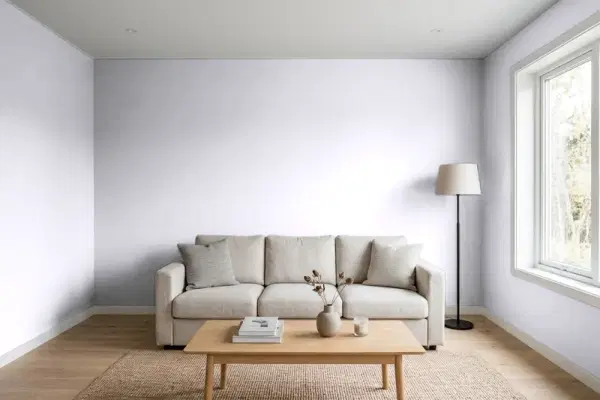 Living room with walls painted Behr Misty Lavender S570-1 (simulated)