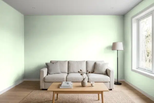 Living room with walls painted Behr Misty Meadow M390-2 (simulated)