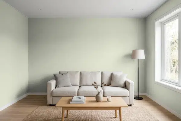 Living room with walls painted PPG Paints Misty Meadow 1031-2 (simulated)