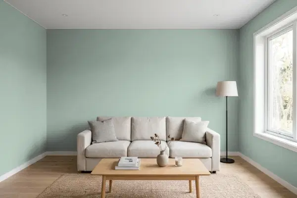 Living room with walls painted Behr Misty Moss N420-3 (simulated)