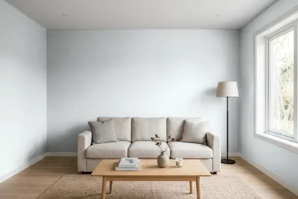 Living room with walls painted Sherwin-Williams Misty SW 6232 (simulated)