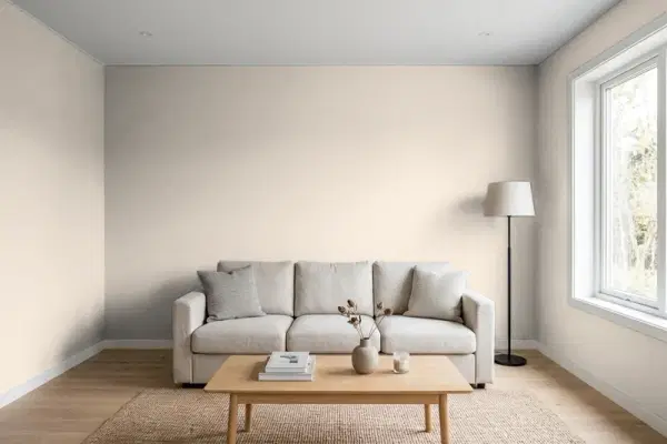 Living room with walls painted Benjamin Moore Mocha Cream 995 (simulated)