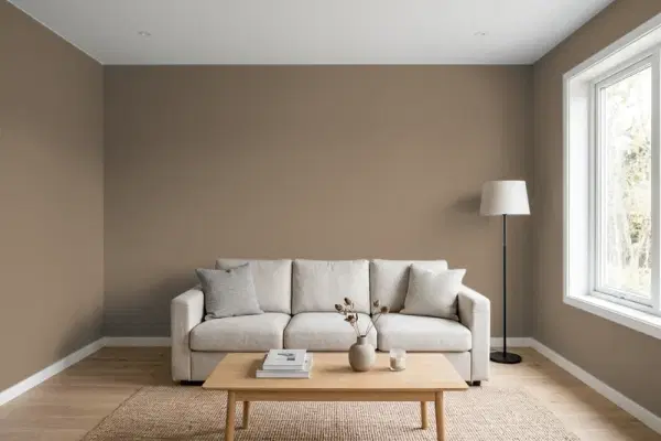 Living room with walls painted Behr Mocha Latte PPU5-04 (simulated)